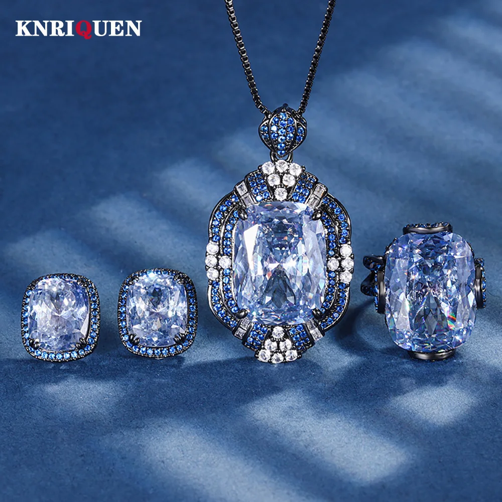 Retro Luxury Blue-Grey Lab Aquamarine Gemstone Necklace Pendant Rings Earrings Cocktail Party Fine Jewelry Sets for Women Gift