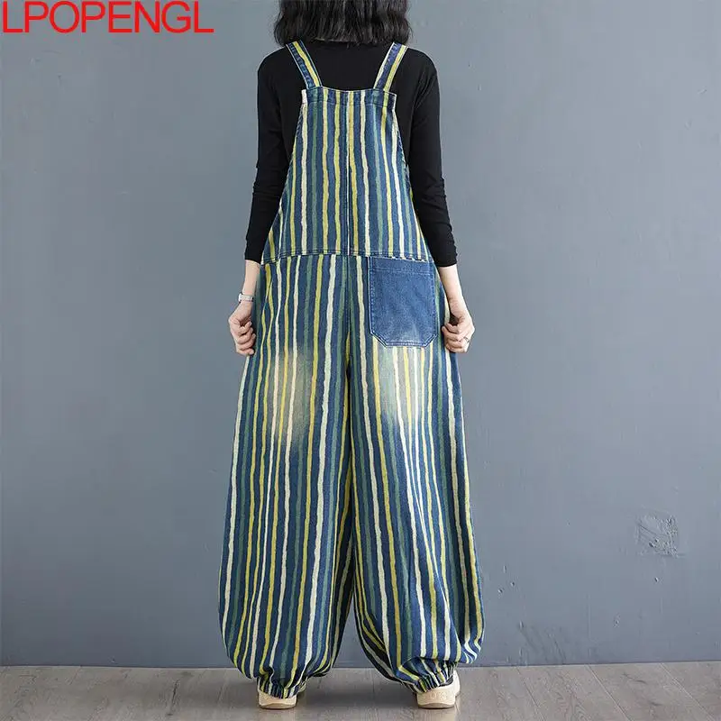 Women 2024 Autumn New Literary Retro Casual Loose Patchwork Denim Overalls Striped Streetwear Jumpsuit Oversized Straight Jeans