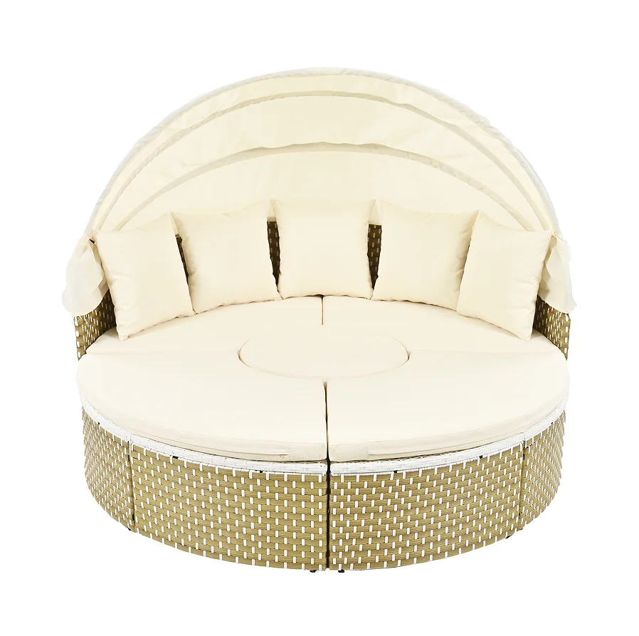 #Patio Furniture Modern Comfortable Round Outdoor Sectional Sofa Set Rattan Daybed Two-Tone Weave Sunbed