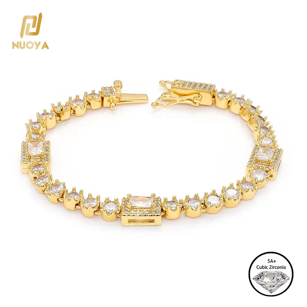 Nuoya Men Iced Out Tennis Bracelet Copper Inlaid Round & Rectangle Cubic Zirconia Bling Hip Hop Bracelet Punk Street Jewelry