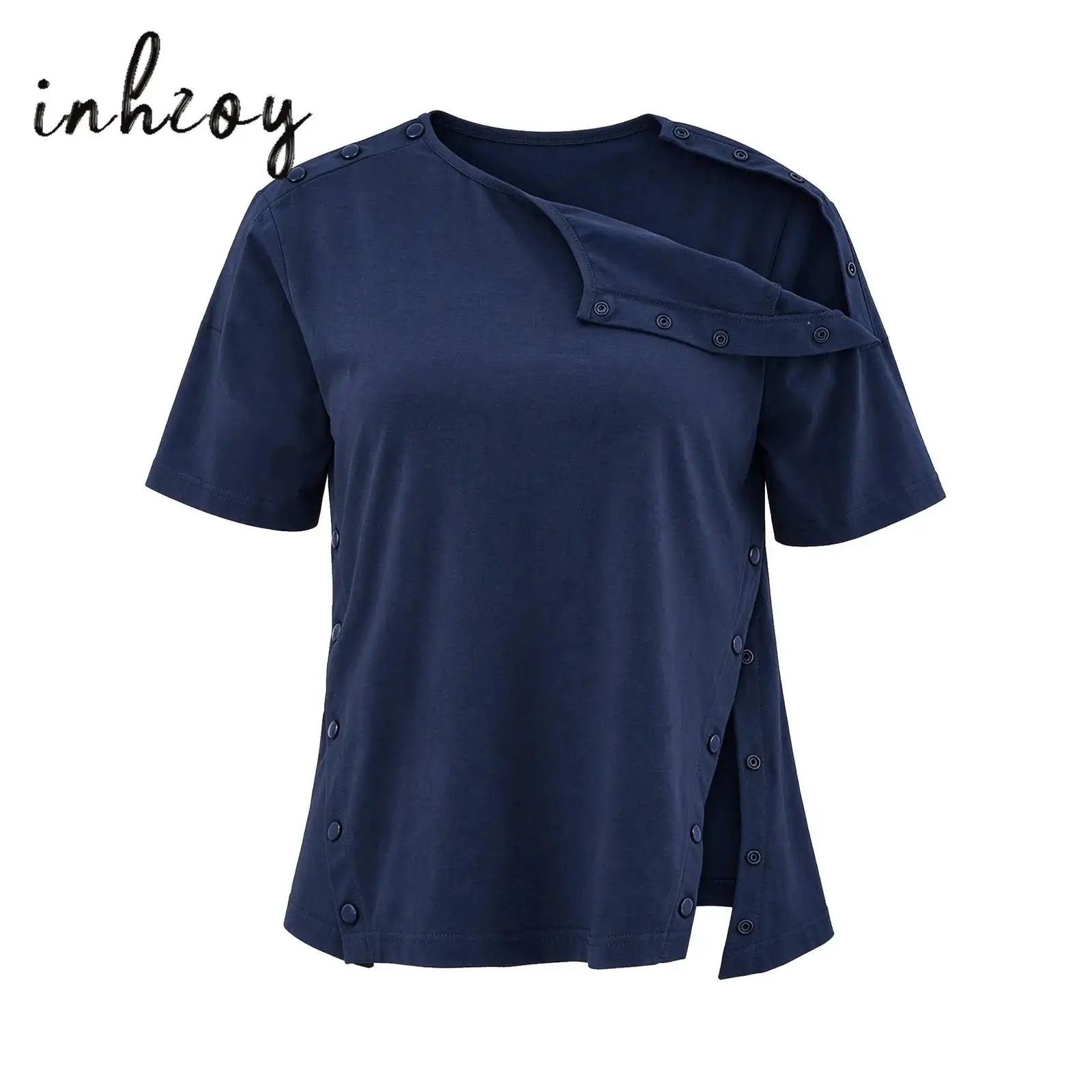 Women Adaptive Shirt Cotton Round Neck Short Sleeve Press Buttons Shoulders Sides Top for Post-operative Recovery Nursing Home