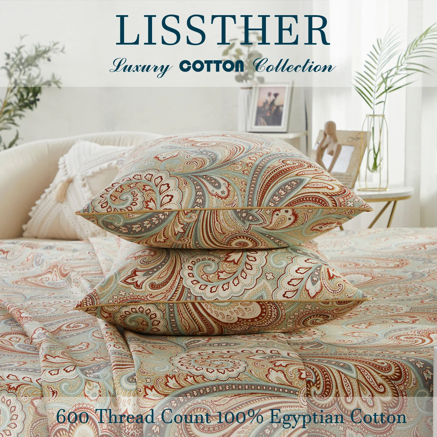 3pcs 600TC 100% Egyptian Cotton Duvet Cover Set, Luxury Vintage Boho Paisley Bedding (No Inserts)