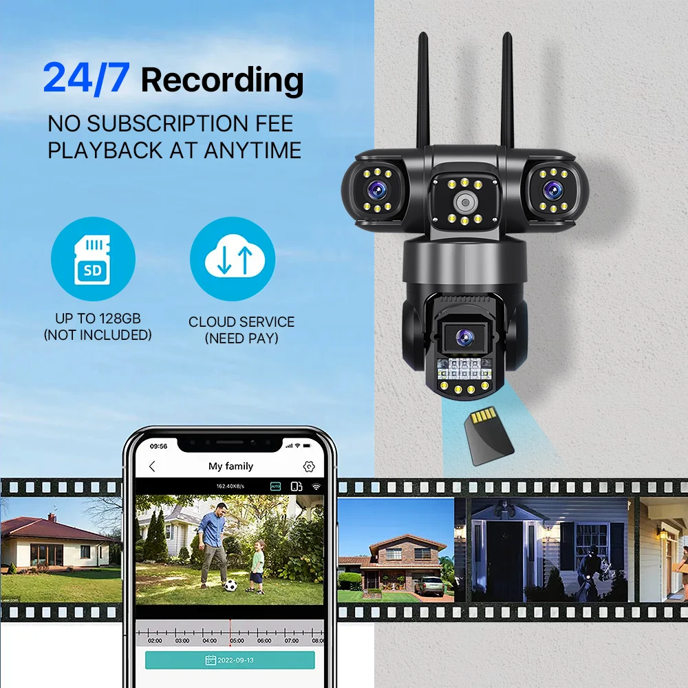 Cámara V380 Pro WIFI 12MP 6K tres lentes Color visión nocturna Monitor de vigilancia detección de movimiento al aire libre grabadora de vídeo de 3 pantallas