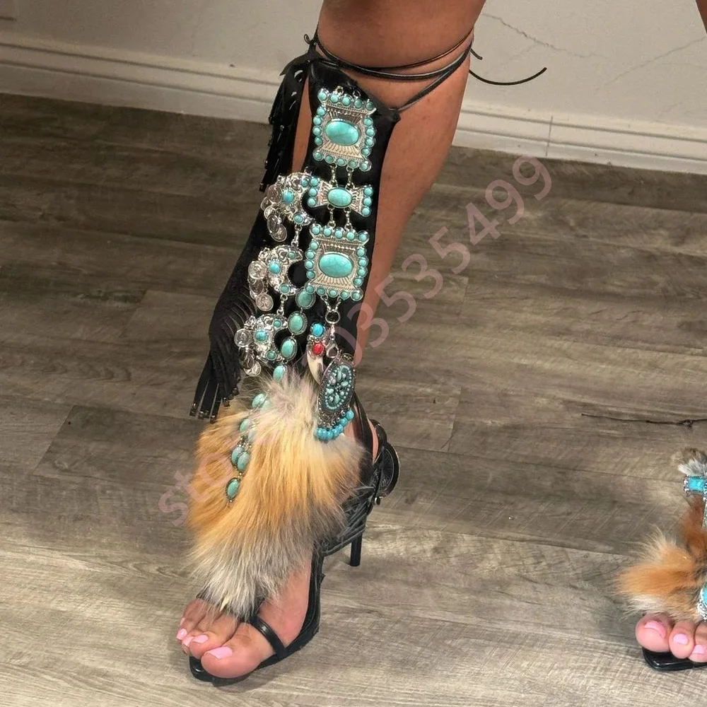 Sexy Women Turquoise Fur Wrap Sandals Summer New Fashion Luxury Catwalk Calf Boots 2025 Mixed Color Party Casual Open Stilettos view 3