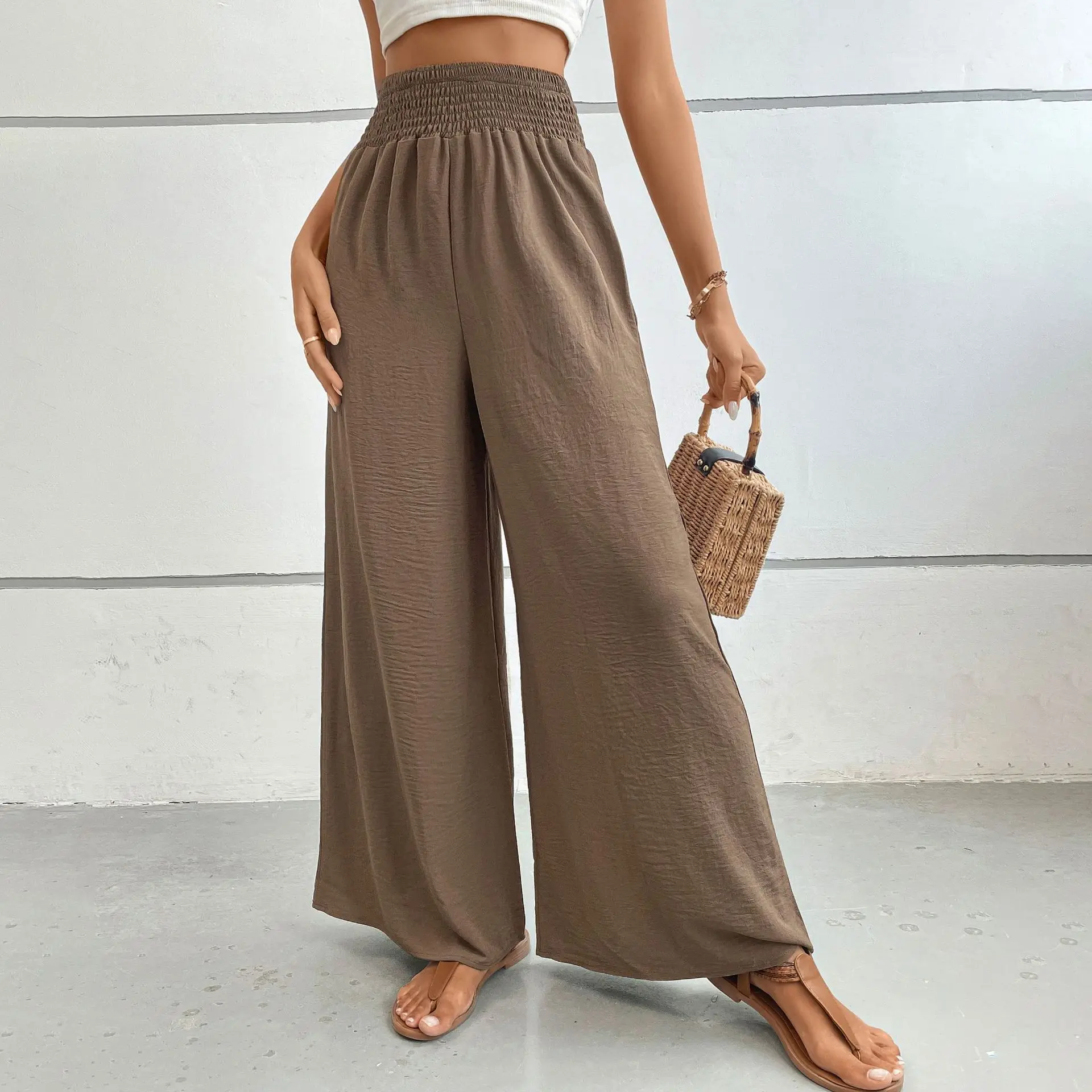 woman's pants High Waist Loose Wide Leg Pants solid Color Leg Trousers Elastic Basic Waist Loose Trousers Casual ropa mujer