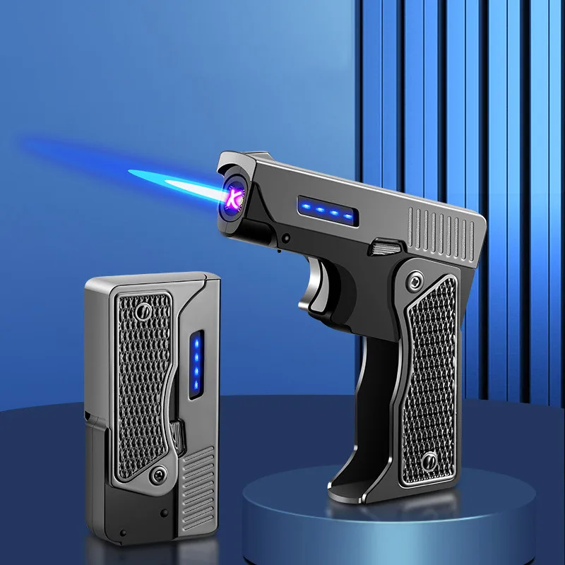 

New Metal Windproof Gas Plasma USB Charging Lighter For Men Folding Gun Butane Gas Turbine Torch Jet Flame Lighter For Men Gifts