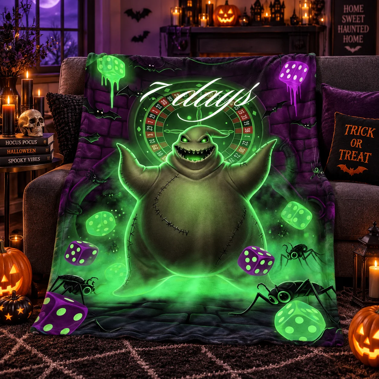 Spooky Halloween Non‑Glow Throw Blanket, Horror Creature Dice Spider Bat Pattern Flannel Blanket, Warm Cozy Bedding Decoration f