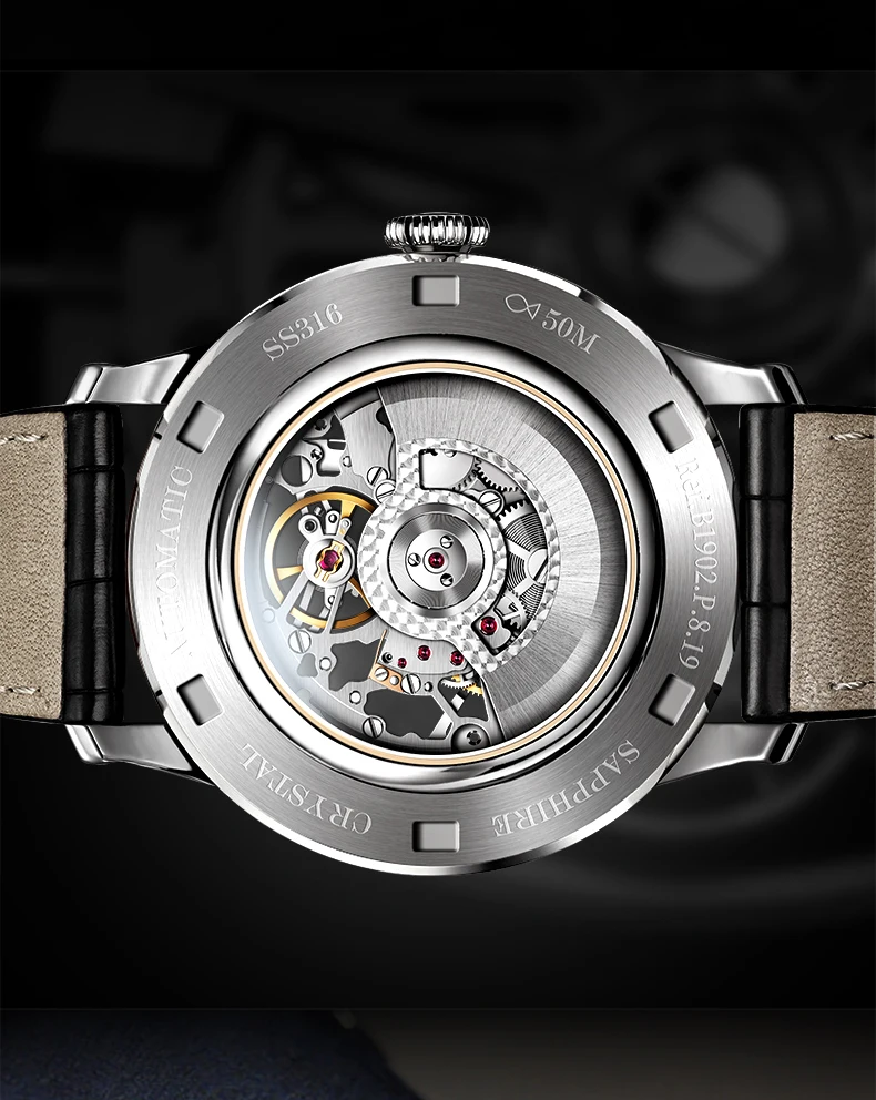 PONIGER Men Automatic Watch 41.5mm Luxury Mechanical Wristwatch Sapphire Luminous 5ATM Waterproof Skeleton Dial