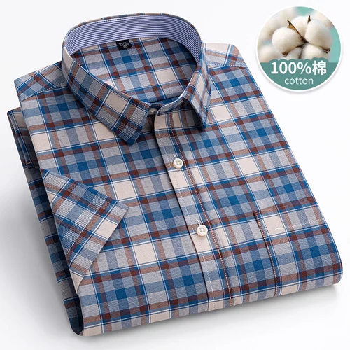 Imagen 2 del producto 6XL-7XL 2024 nueva camisa de algodón Oxford de verano para hombres de manga corta Casual clásico a rayas a cuadros Top juvenil para el hogar de gran tamaño 105KG
