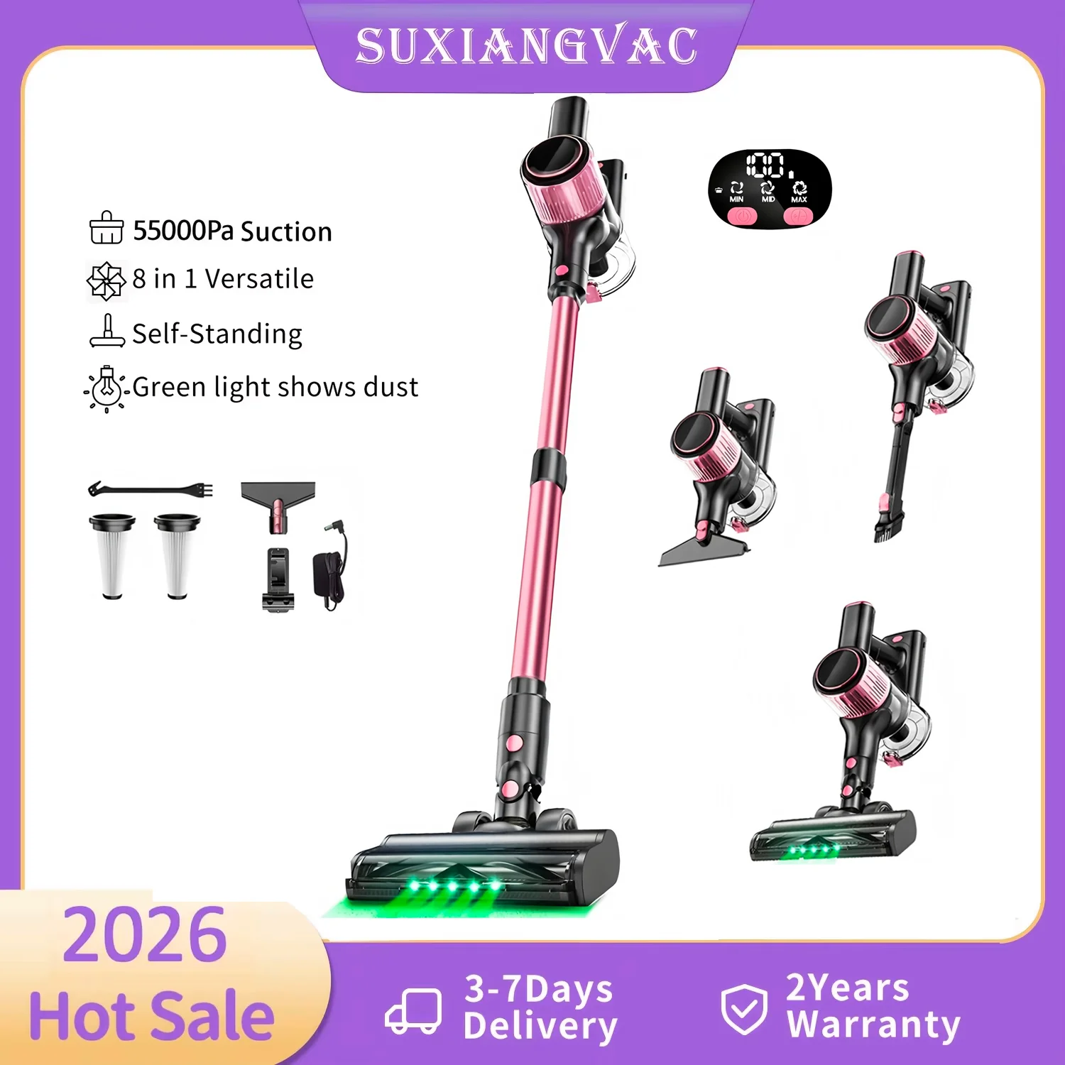 Cordless Vacuum Cleaner, 8 in 1/55Kpa Powerful Suction Lightweight stick vacuum for Home，LED Display, 3 Suction Modes, Upgraded Anti-Tangle Brush and Green Light ，45Mins Detachable Battery Vacuum for Hard Floor Carpet Pet Hair, Pink