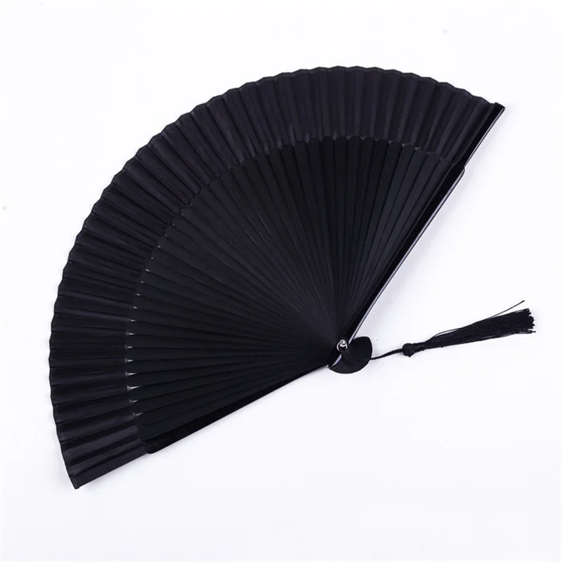 Japanese Black Folding Fan Chinese Vintage Bamboo Shank Classical Dance Fan Tassel Elegent Female Hand Fans Home Decorative