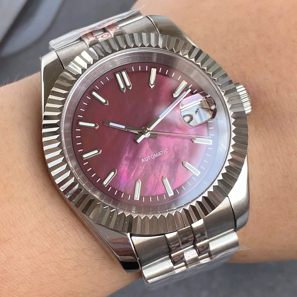 Tandorio 39mm Fixed Fluted Ruby Red Mother of Pearl Green Luminous Dial Automatic NH35A 20ATM Sapphire Mechanical Man Watch