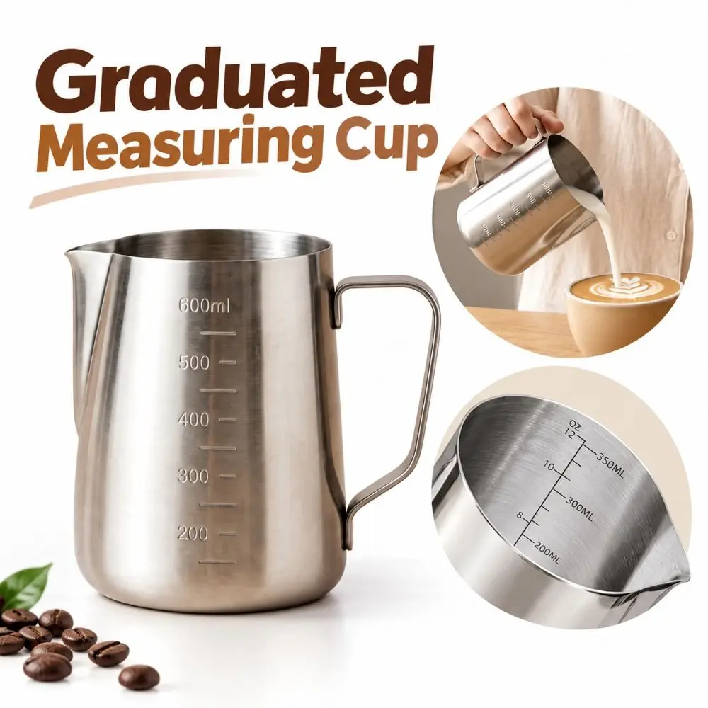 Stainless Steel Latte Art Cup Interior Scale Marking Large Capacity Graduated Measuring Cup Pointed Spout Silver Tone