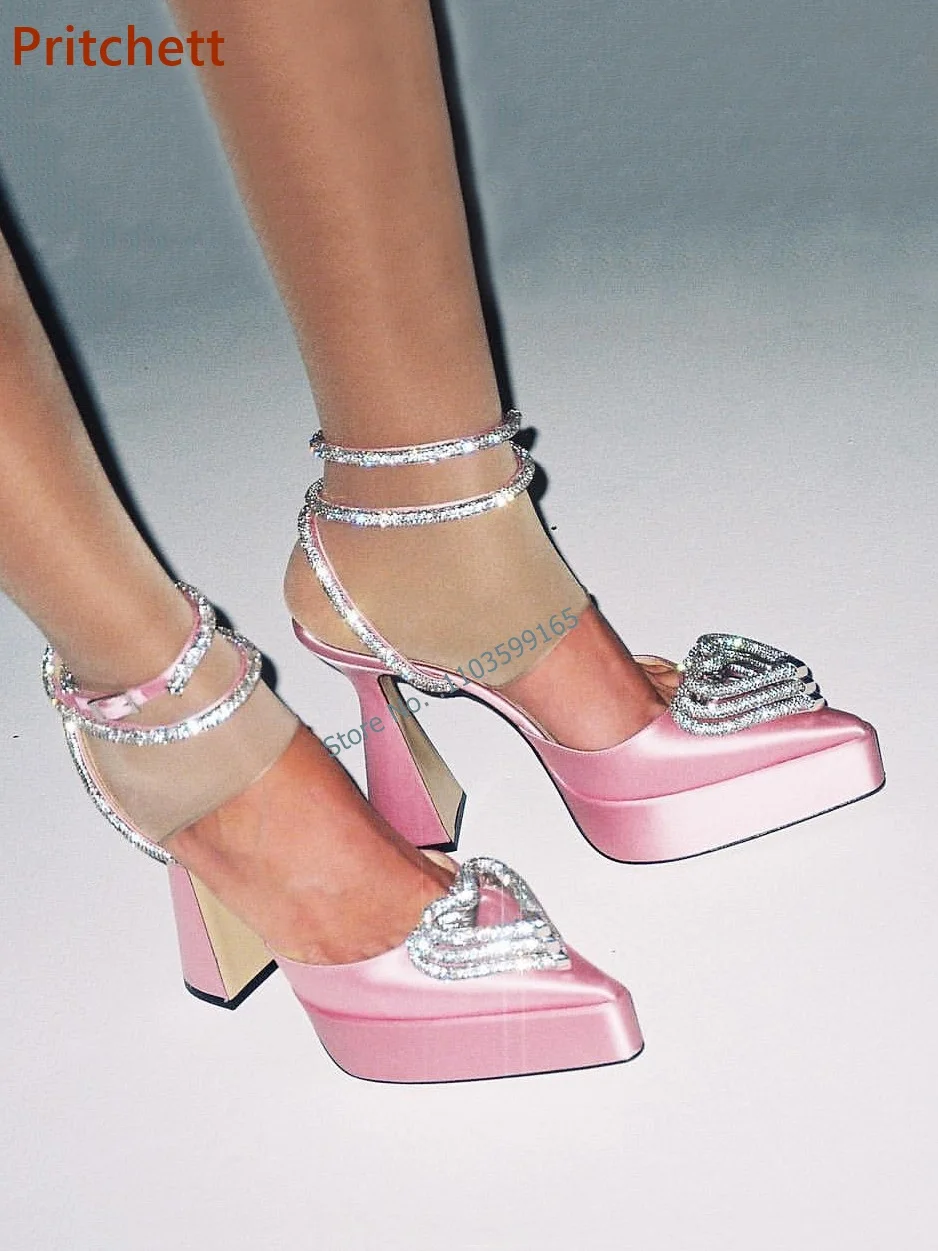 

Heart Crystal Chunky Heels Platform Sandals Pointy Toe Buckle Strap Solid Pink Women's Pumps Ankle Strap Party Shoes Summer Sexy