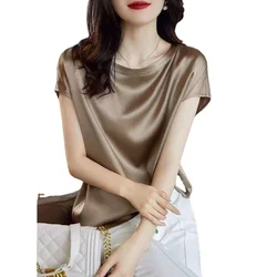 Summer Women Short Sleeve Silk Satin Blouse Elegant Office OL Tops Shirts Casual Solid Work Blusas Female Tunic Oversize