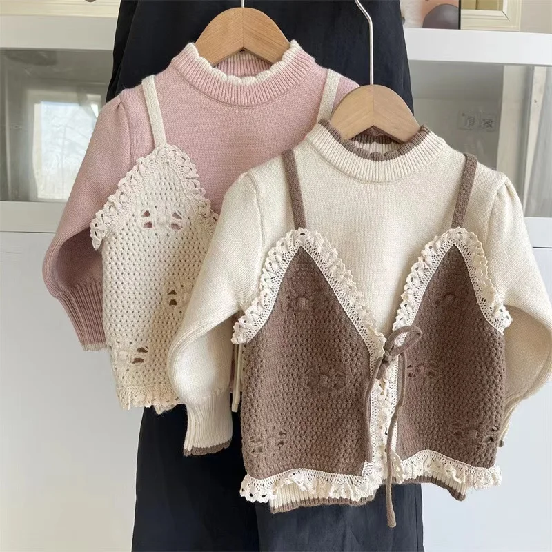 

2-7 Years Old Girls' Sweater Knitted Sweater Fake Two 2024 New Foreign Style Girl Baby Coat Children's Wool Top 90-130cm