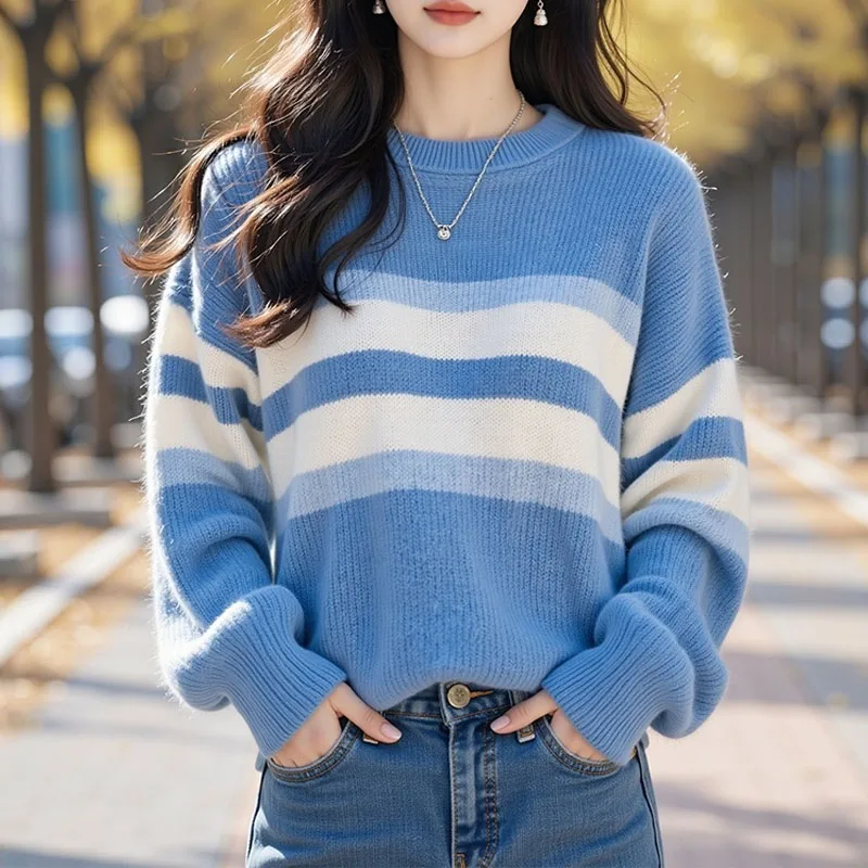 Maglione lavorato a maglia Donna Pullover Nuova manica lunga O-Collo Maglione lavorato a maglia a righe Pullover Donna Top Maglioni Sueters De Mujer Q1370