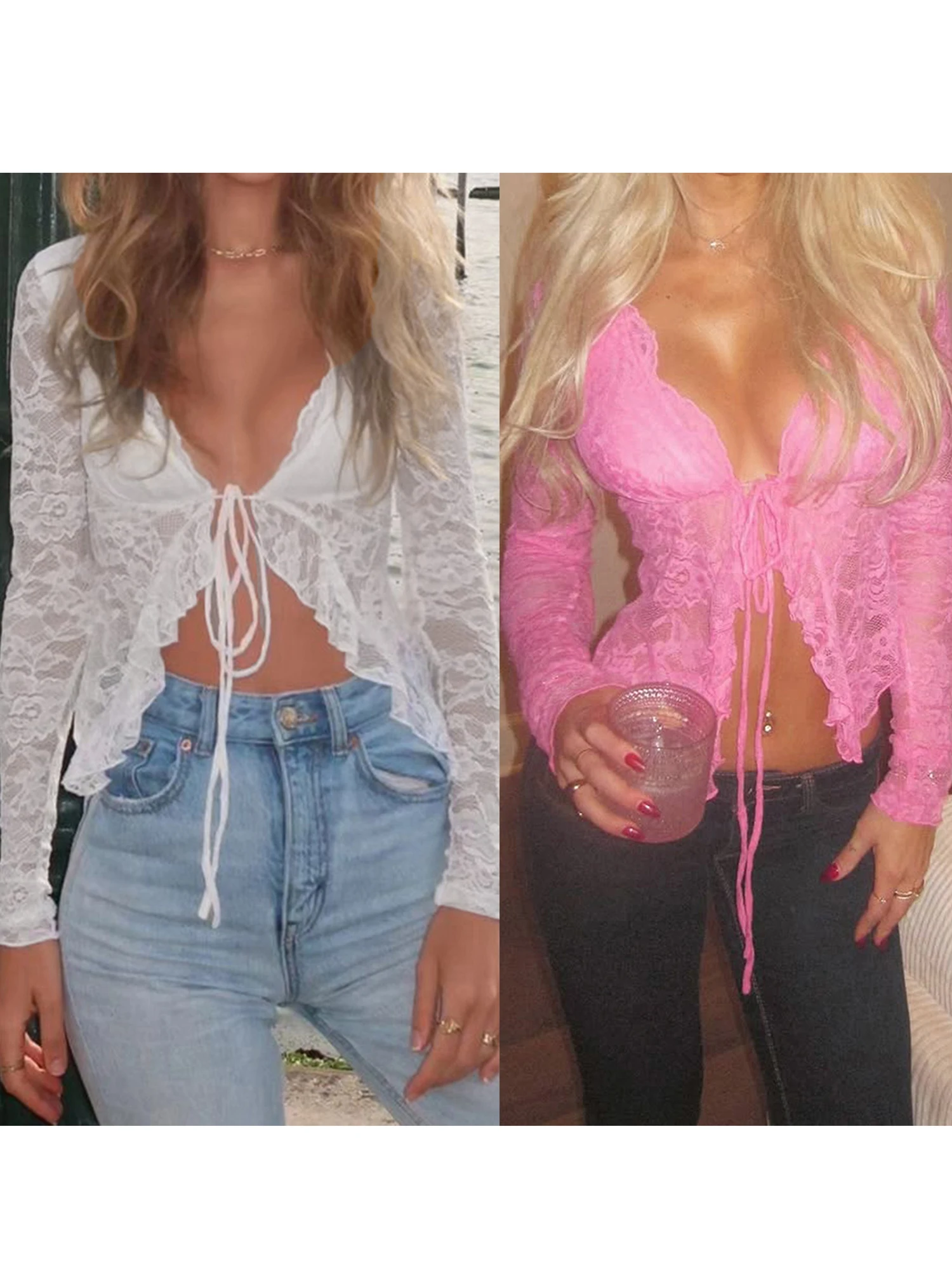 بلوزة قصيرة شبكية مثيرة بدون أكمام من الدانتيل الشفاف مع ربطة أمامية للنساء ملابس النادي والحفلات الليلية