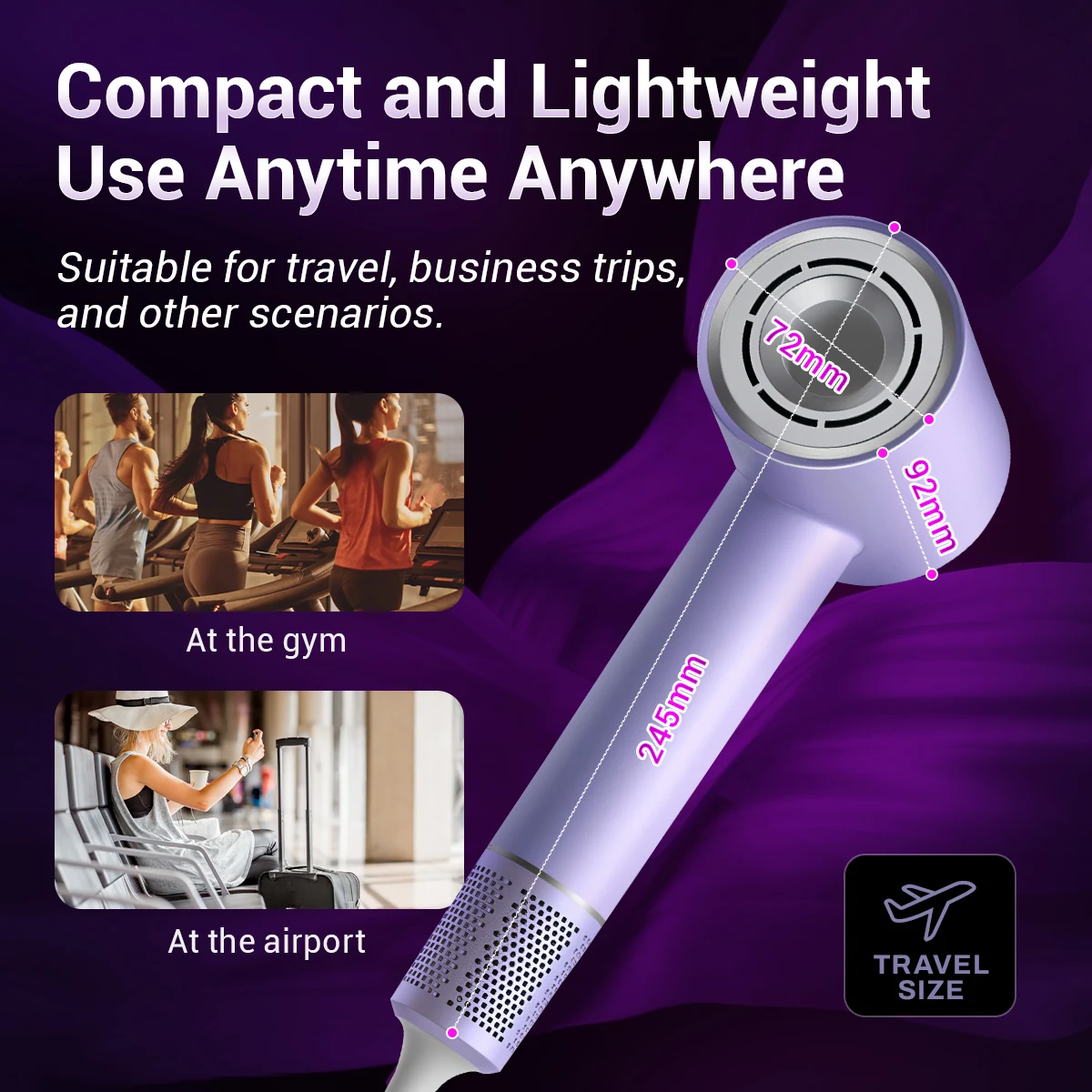 TQ-D3 Professional Purple Negative Ion Hair Dryer - High Speed 110K RPM, Ultra Quiet & Thermostat Control for Hair Care