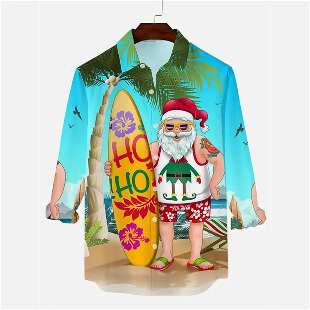 Hawaiian Christmas Themed Santa Tree Shirt Men\'s Casual Retro Tops 3d Printed Flower Long Sleeve Clothing Holidays