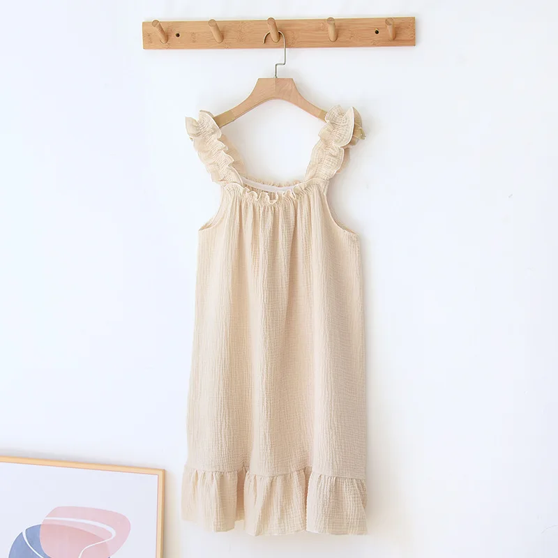 Soft Seersucker Nightdress Suspender Women\'s Cotton Nightgown Summer Cool Home Wear Dress Outside Wear Cute Sleepwear Nightwear