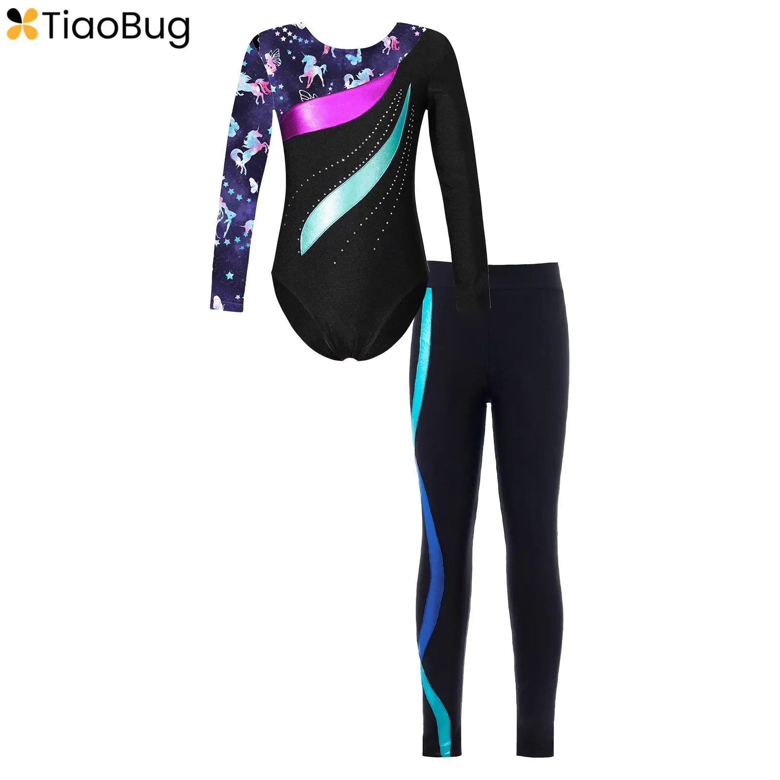 

Kids Girls Rhinestone Print Long Sleeve Gymnastic Leotard with Athletic Leggings Full Body Dance Ice Skating Costume Tracksuit