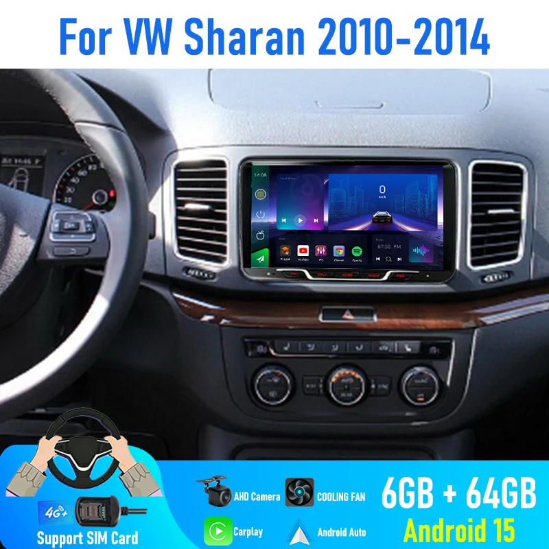 9'' For VW Sharan 2010-2014 Car Radio 4G SIM Carplay Android 15 Auto GPS Steering Wheel Control Head Unit 2DIN Google Map FM BT