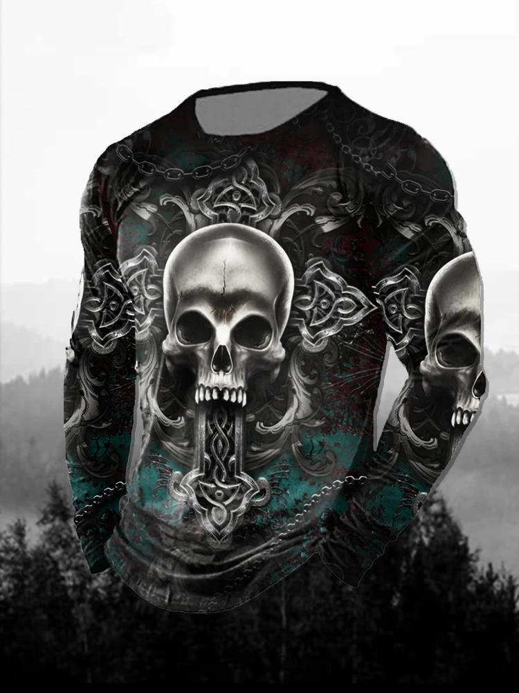 Mens Long Sleeve T- Shirt  Dark Gothic Style With Distinct Vintage Print -Halloween Design Trend-Setting Tee for Stylish Men