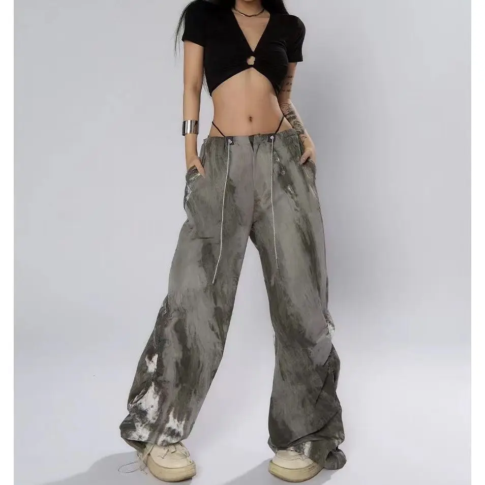 Women's Tie Dye Wide Leg Pants High Waist Baggy Cargo Trousers Drawstring Streetwear Y2K Aesthetic Casual Pants for SpringSummer