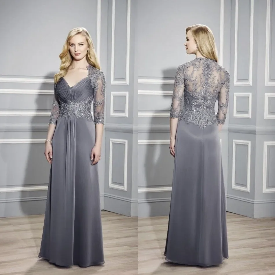 Vestidos de encaje gris oscuro para la madre de la novia, talla grande, manga media, vestido de invitada de boda, barato, largo hasta el suelo, vestidos para la madre del novio