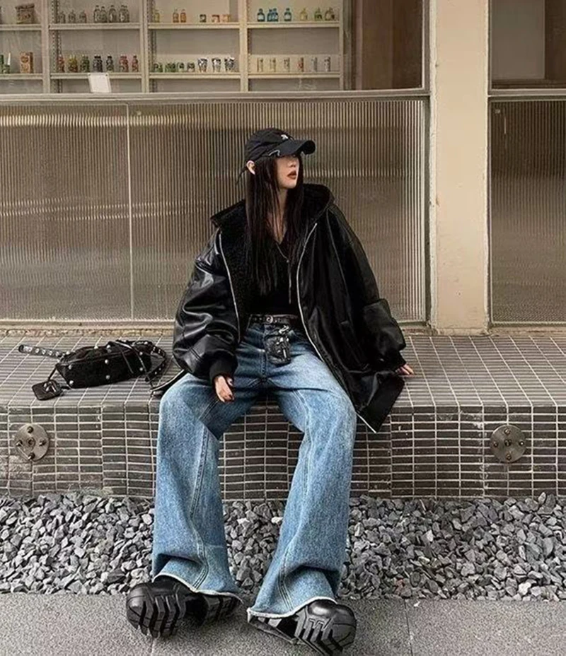 Chic Fleece Pu Reversible Women Jacket Hooded Zip Up Oversized Black Grunge Y2K Streetwear Loose Baggy Winter Coat Top