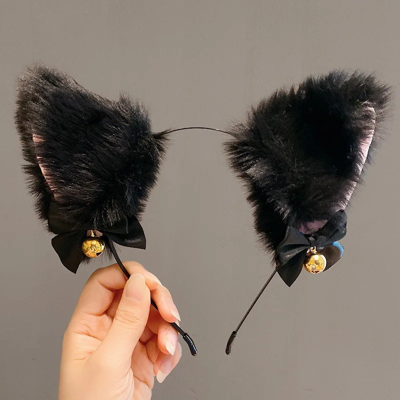 Black Cat Ear Headband with Necklace Girl Plush Furry Cat Ear Hair Band for Girl Women Adult Cosplay Party Fancy Dress Halloween