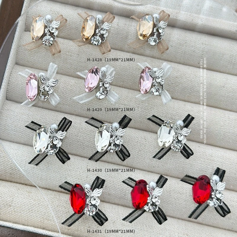 1Pc Red Organza Bow Cluster Rhinestone Nail Charm Handmade Pigeon Egg Shape Ornament New Year DIY UV Gel Press On Nails Decor