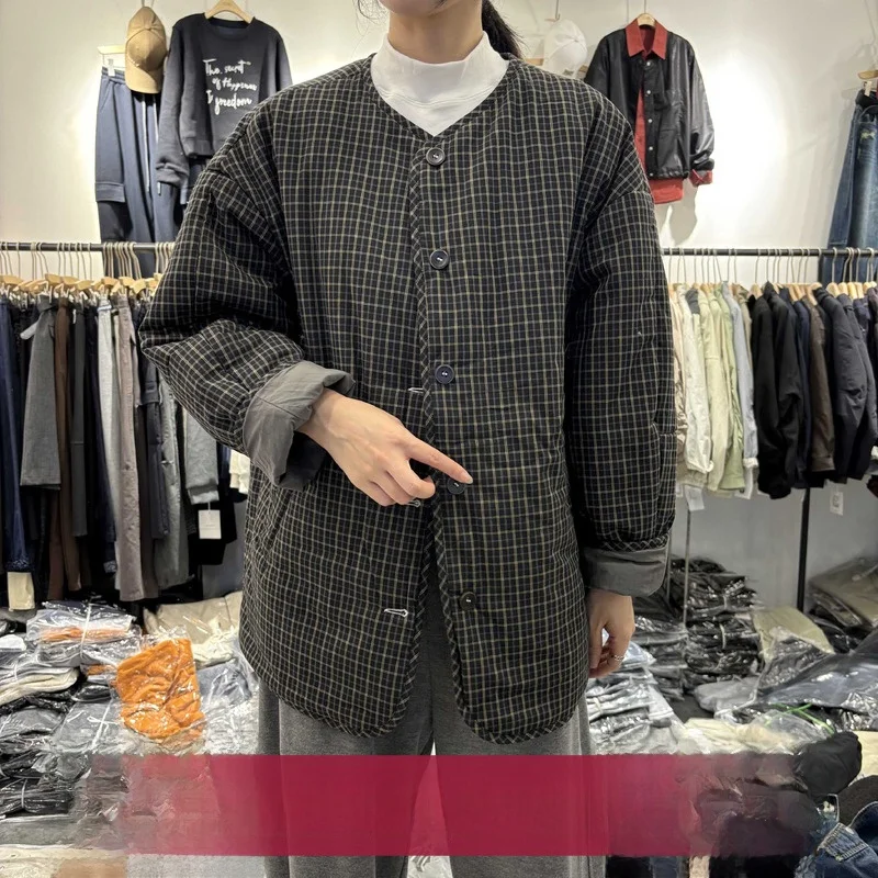 

Двусторонняя одежда, осенне-зимний корейский универсальный круглый хлопковый топ в клетку Ne, женский повседневный топ с хлопковой подкладкой, маленький...