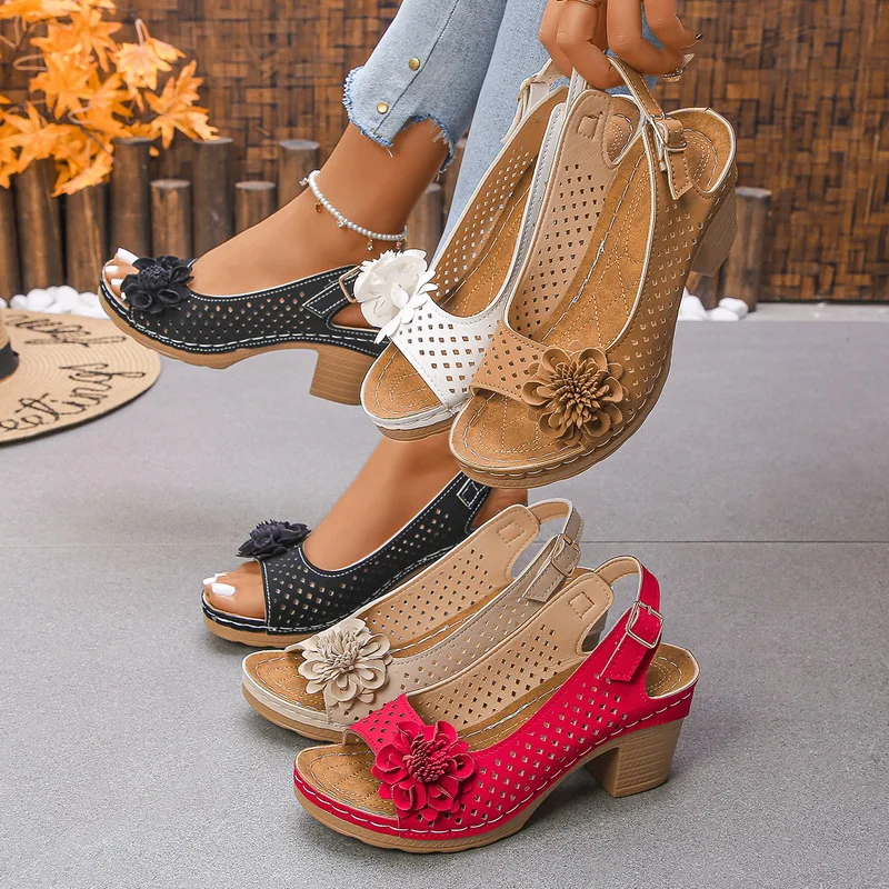 Peep Toe Bloem Versierd Dikke Hoge Hakken Voor Vrouwen 2025, Nieuwe Mode Casual Effen Kleur Gesp Romeinse Sandalen