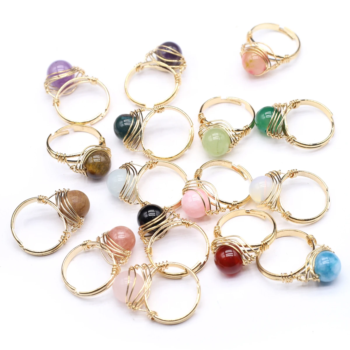 2/5pcs Round Natural Stone Crystal Agate Ring for Women Stainless Steel Gold Color Adjustable Open End Ring Jewelry Accessories