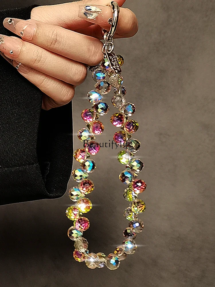 Short Lanyard Strap Clip Phone Case, High Sense, Crystal Beads, Hand Chain, Luxury