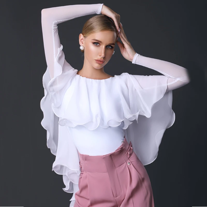 Flapper Sleeves Modern Dancing Top Women Latin Waltz Ballroom Dance Competition Tops Latin Tops Stage Practice Wear SL7482