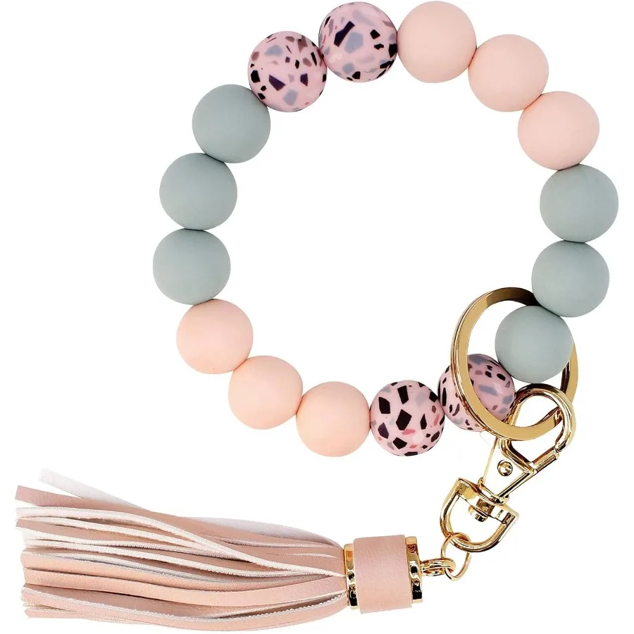 

Key Ring Bracelet Car Keychain Holder Wristlet Silicone Women Beaded Bangle Chains