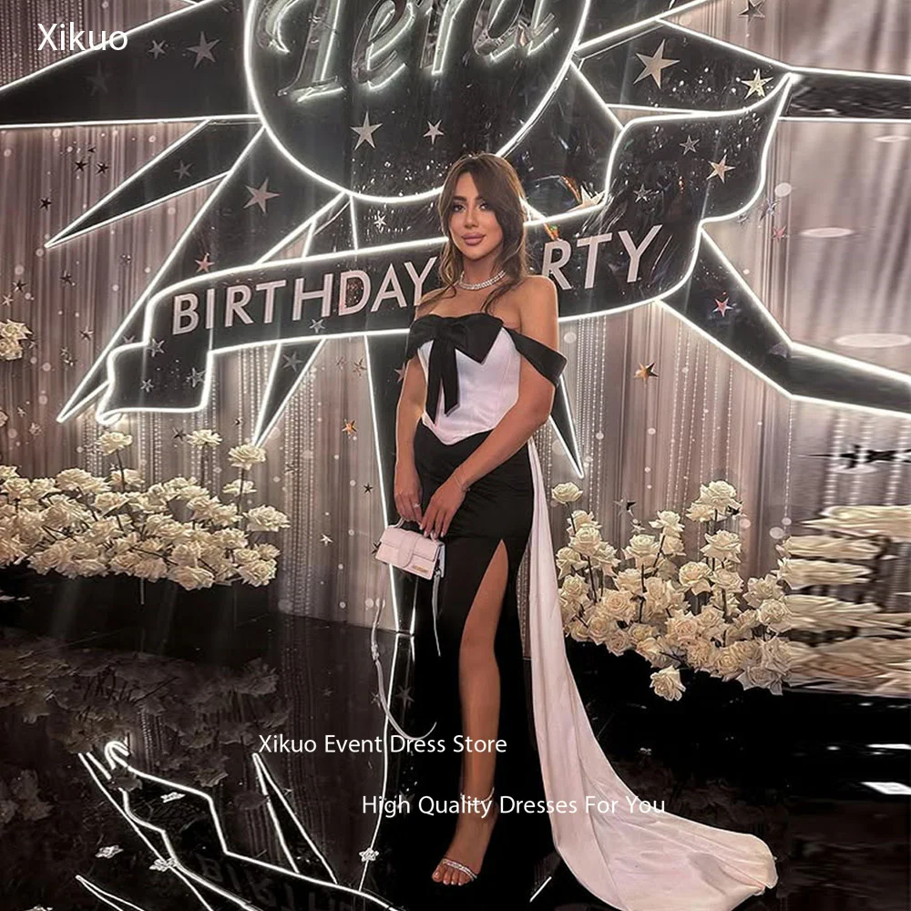 

Xikuo Glamorous Satin Prom Gown Black White Mermaid Party Vestidos Para Eventos Side Slit Bow Pleated Evening Dress Customized