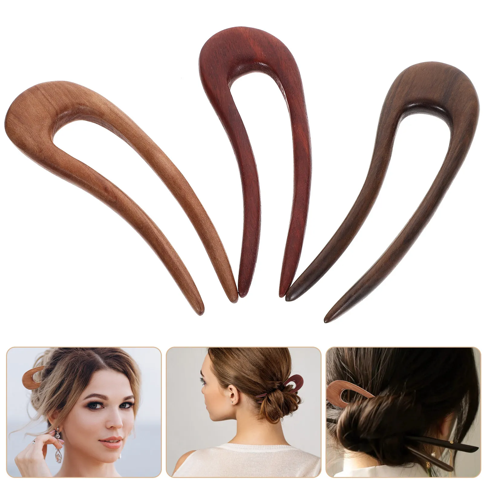 

3Pcs Vintage Wooden U Shaped Hairpins Decorative Hairpin for Women Elegant Hairstyle Accessories Prom Wedding Birthday