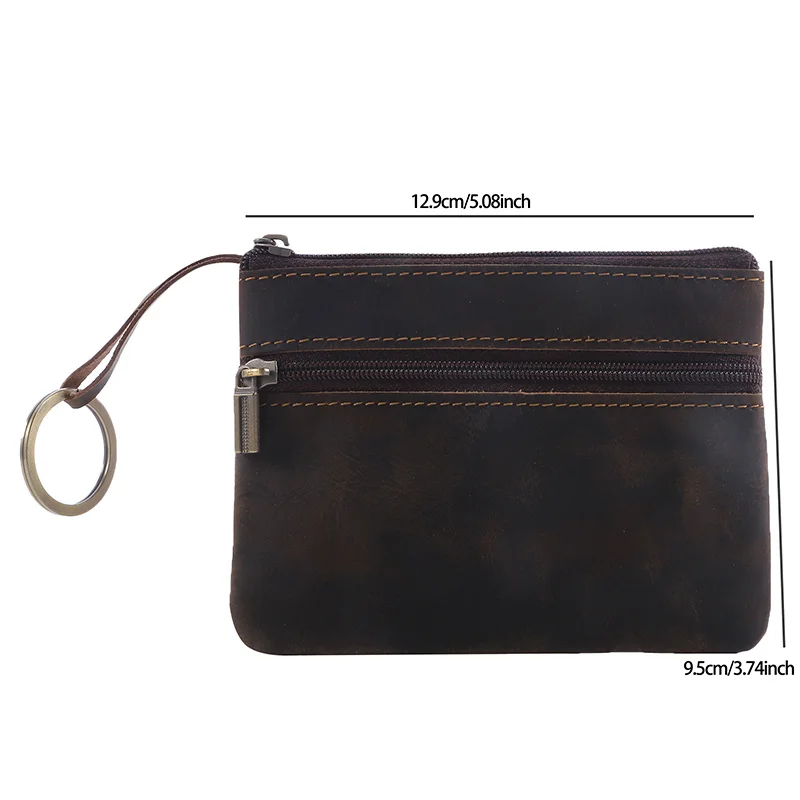 Monedero Retro de cuero genuino con llavero para hombres y mujeres, billetera de piel de vaca con cremallera, Mini bolso Vintage