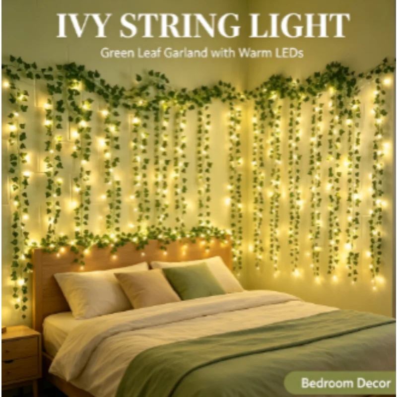 Maple Leaf Curtain Lights Artificial Garland Ivy Green Leaves Hanging Plants for Room Garden Party Wedding Wall Decoration