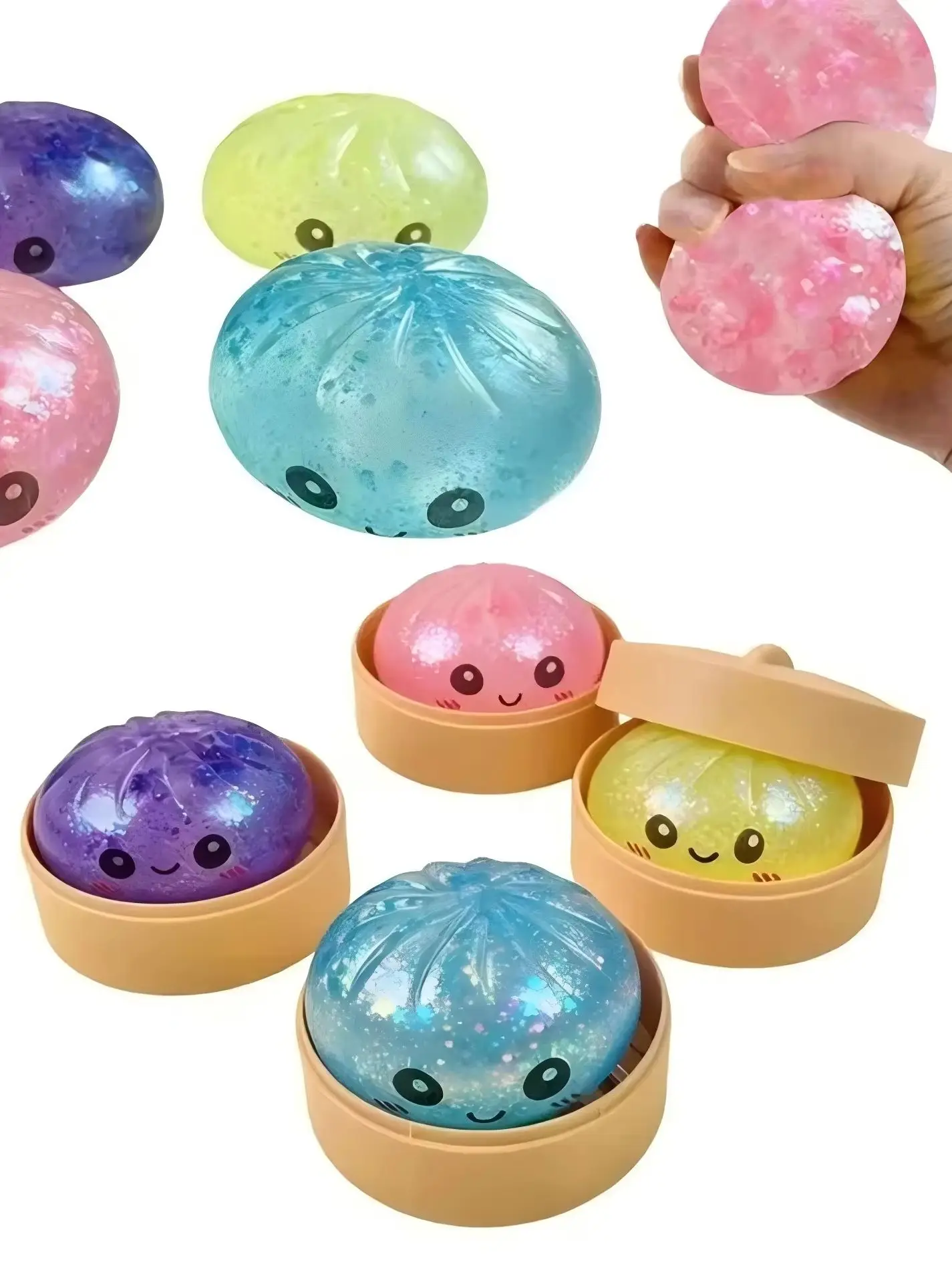 Bunte 6-Stil-Blindbox Glitzer-Dumpling Squishy mit Box – Sensorisches Quetschspielzeug zur Stresslinderung