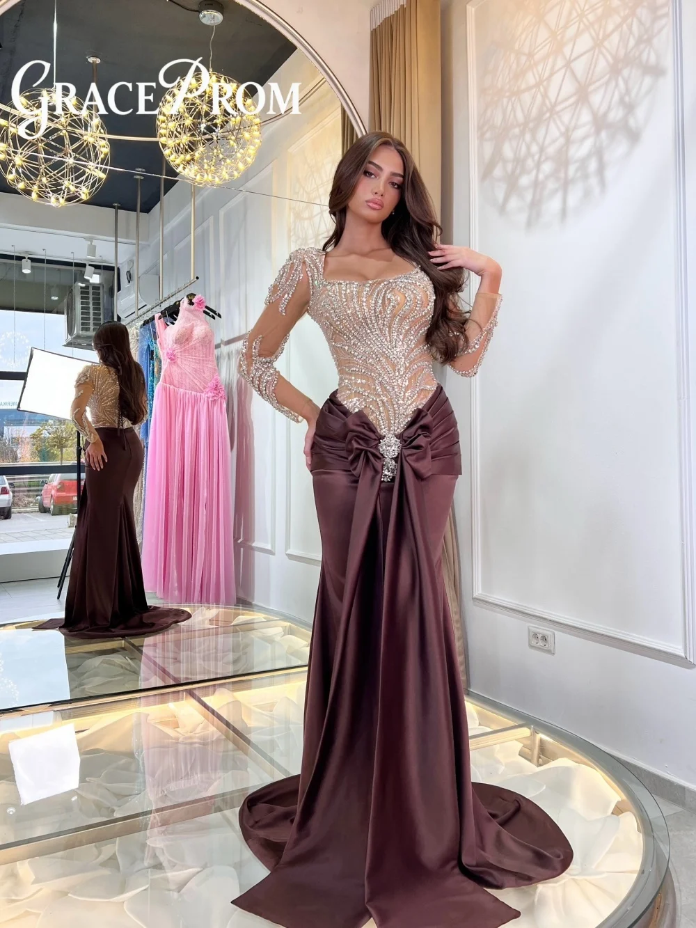 ชุดราตรีแขนยาว GraceProm ปี 2026 ประดับด้วยคริสตัลระยิบระยับ ชุดราตรีทรงเมอร์เมดยาวกรอมพื้น สำหรับงานปาร์ตี้