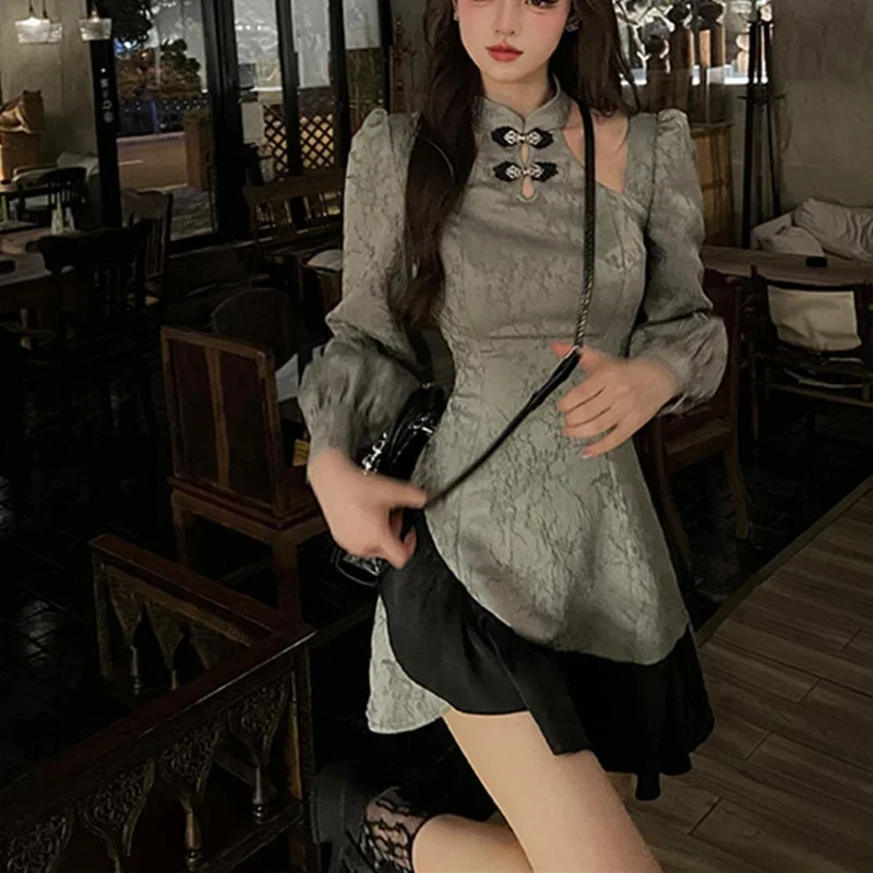 Gaun Cina liontin giok Vintage Cheongsam Harajuku Tie Dye Gothic wanita estetika perban Y2k seksi jubah karnaval Gaun