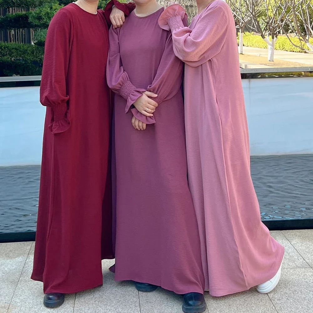 Dresses Under Abaya Inner Long Slip Dress Jazz Crepe Smocked Cuffs Islamic Clothes Muslim Women Dubai Turkey Modest Hijab Robe