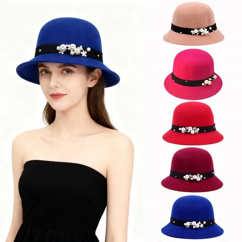 

Vintage Elegant Wool Felt Church Hat Formal Hats Pearl Ribbon Dome Wedding Church Ceremony Cap Winter Warm Luxury Fedoras Hats