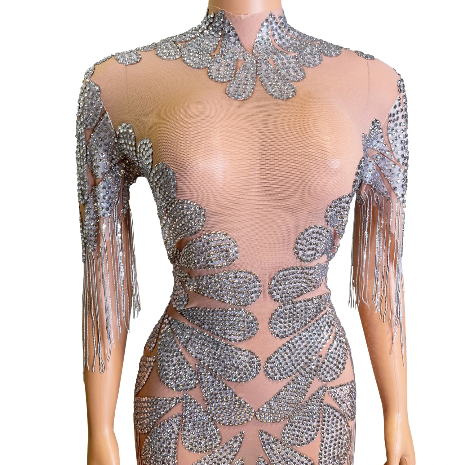 

Baihuaban Elegant Silver Crystal Rhinestone Fringe Bodycon Mini Dress Sheer Mesh High Neck Long Sleeve Evening Party Dress