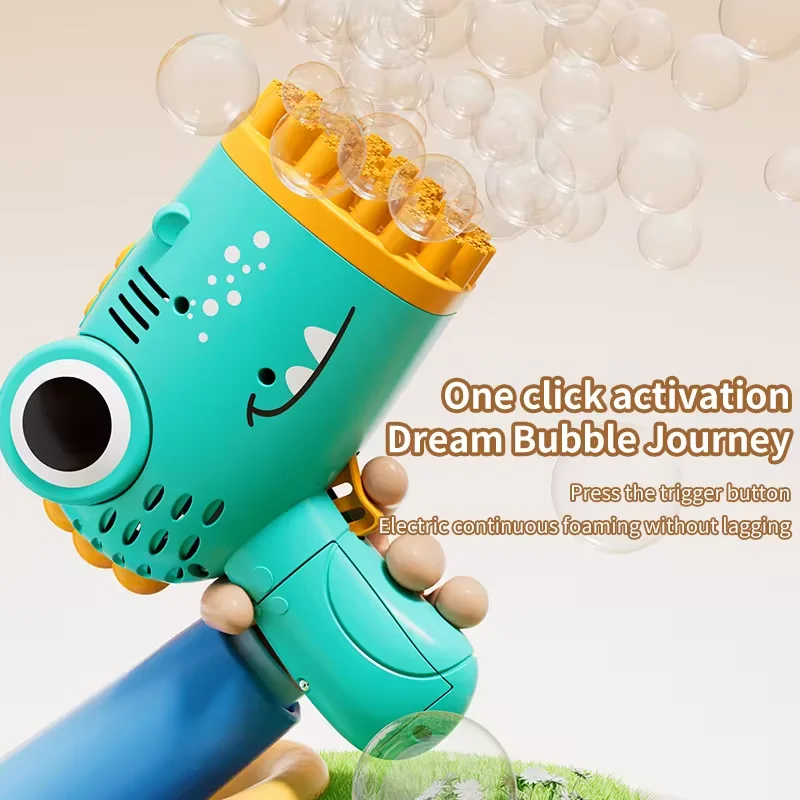 Handheld Dinosaur Bubble Gun for Kids, máquina de bolhas totalmente automática, presente sem bateria e água bolha, 40 buracos